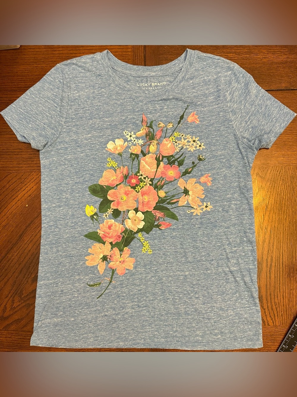 Lucky Brand Heather Blue Tee with Coral-Pink Floral Bouquet